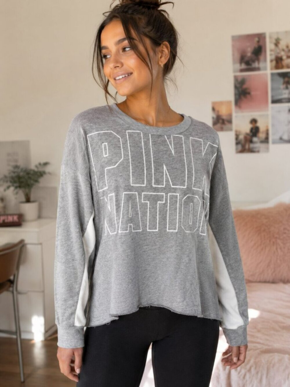 Victoria's Secret PINK Nation Slouchy Campus Crew Sweatshirt Heather Gray Small